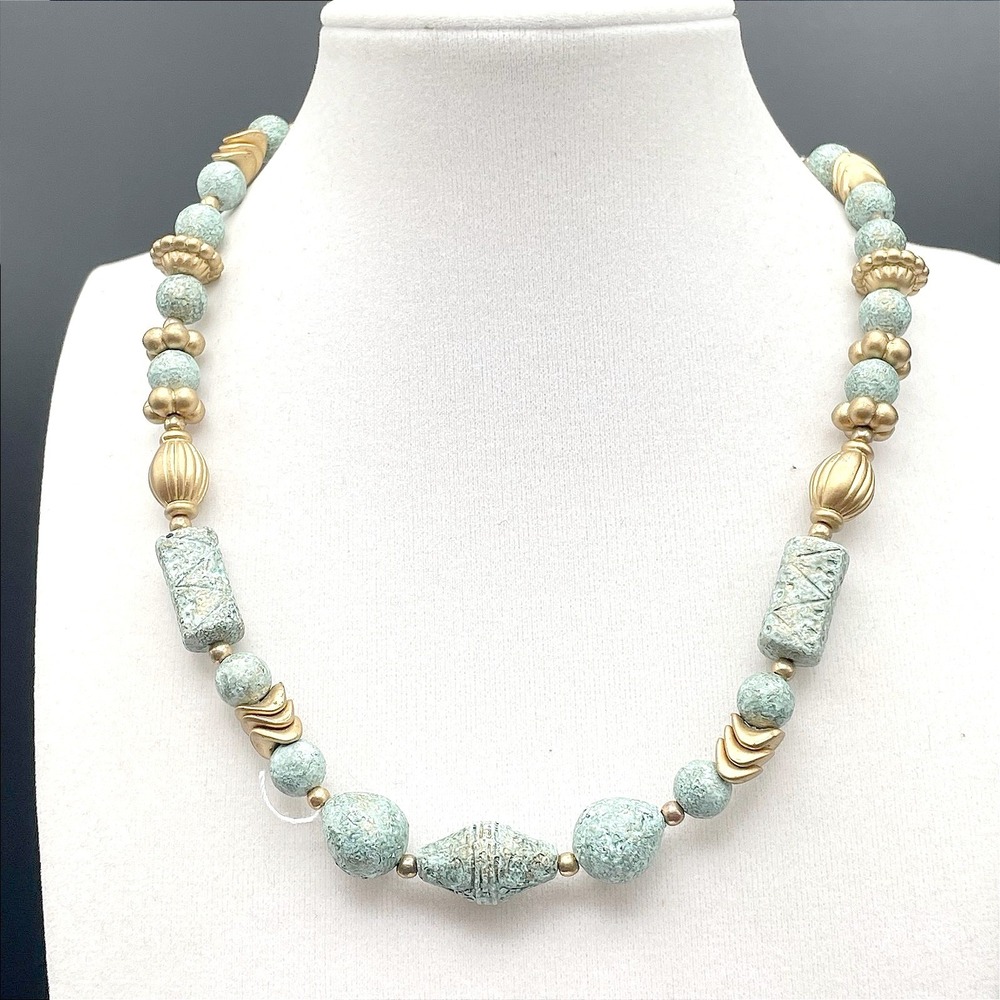 Vintage Turquoise Blue Textured Bead & Goldā Tone Necklace Boho Statement